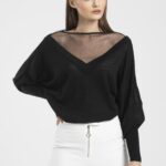 Yakası Tül Detaylı Ön Arka V Yaka Merserize Triko Kazak