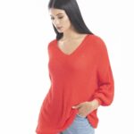 Kadın Giyim Bluz Triko Kazak Ön Arka V Yaka Balon Kol Ince Merserize Triko Örme Salaş Kazak 3276